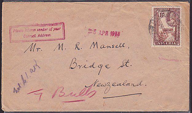 NIGERIA 1938 cover Port Harcourt to New Zealand - 'Inform sender' handstamp.1461