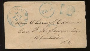 Confederate Columbia South Carolina Stampless 'PAID 10' Cover CSA CV $200 LV6680