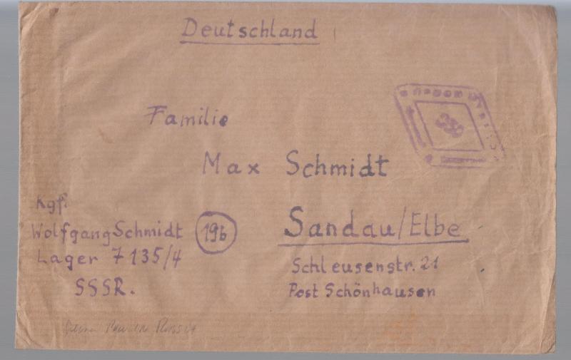 1940s USSR Soviet Union Stampless German POW Camp 7135/4 cover Prisoner of War