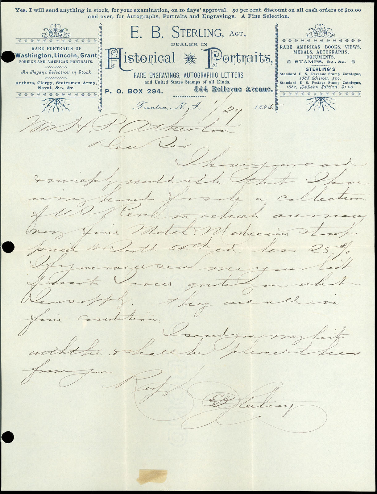 1895 NJ Stamp Dealer E. B. STERLING LETTERHEAD W Handwritten Letter