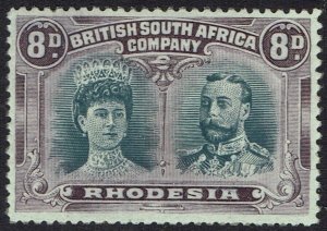 RHODESIA 1910 KGV DOUBLE HEAD 8D GREENISH BLACK AND PURPLE PERF 14