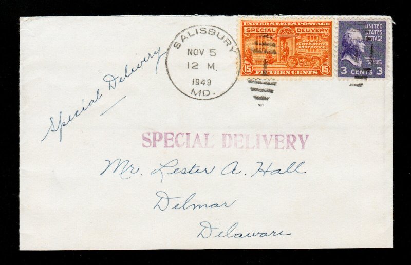 SCOTT #E13 + 3¢ PREXIE ON STAMPED SPECIAL DELIVERY ENVELOPE 1949 REC’D BACKSTAMP