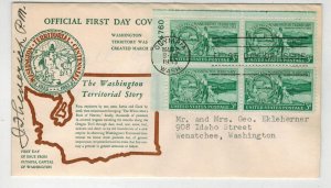 1953 PLATE # BLOCK FDC 1019 WASHINGTON TERRITORY BETER CACHET POSTMASTER SIGNED