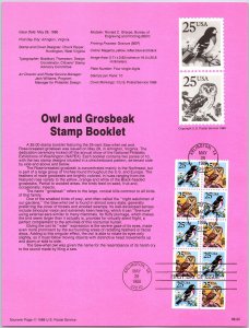 USPS SOUVENIR PAGE OWL AND GROSBEAK STAMP BOOKLET (10) 1988