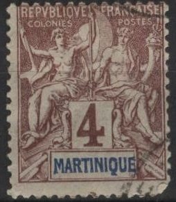 Martinique 35 (used, pencil mark) 4c nav. & commerce, claret on lav paper (1892)