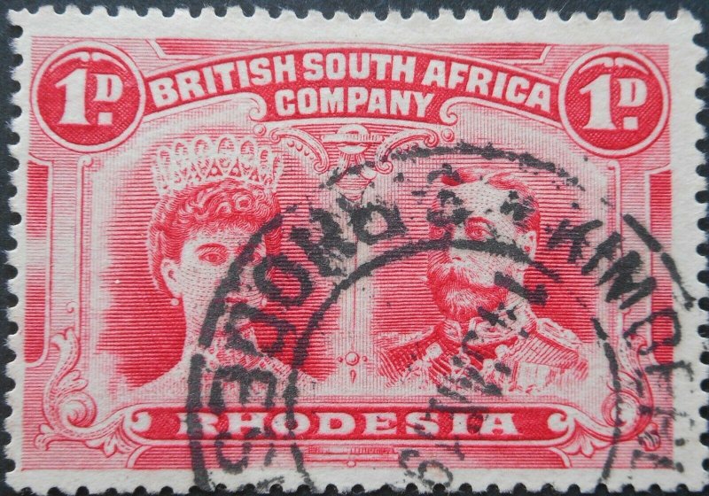 Rhodesia Double Head One Penny with KIMBERLEY REEFS jet black ink (DC) postmark