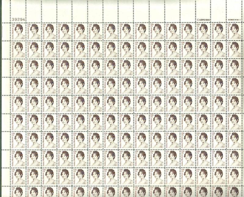 1822     Dolley Madison, First Lady  MNH 15¢ Sheet of 150 1980 face value $22.50