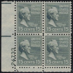 US 1938 15c Buchanan Plate Block; Scott 820; MNH