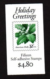 USA Scott BK264 Complete Booklet - Holiday Greetings, American Holly(SCV $9.75)