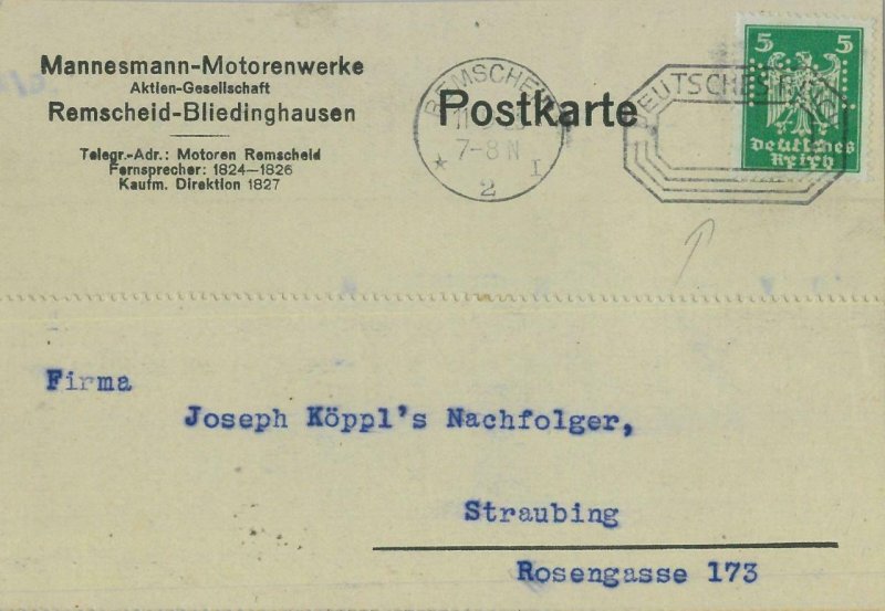 93180 - GERMANY - POSTAL HISTORY - PERFIN stamp on CARD: MM Cards transport 1925