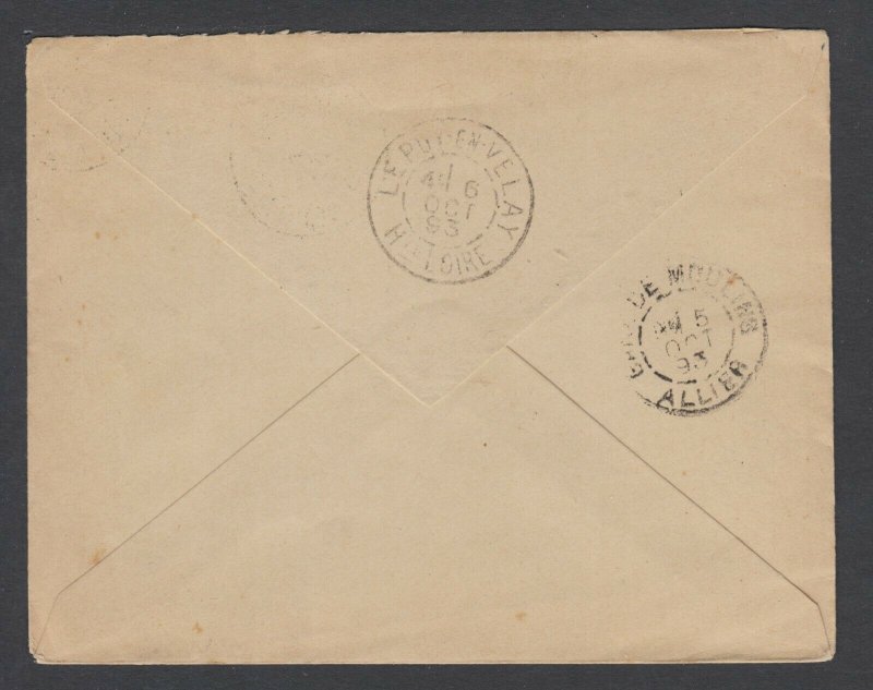 France H&G B2a used. 1893 15c Peace & Commerce, blue on bluish white envelope