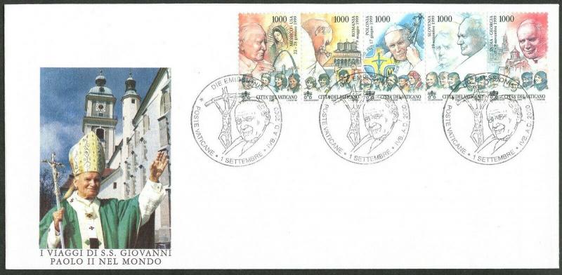 VATICAN Sc#1167 2000 Pope John Paul II Travels Strip of 5 Complete Official FDC