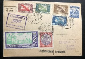 1925 Budapest Hungary First Flight Airmail Postcard Cover FFC To Szeged  Label