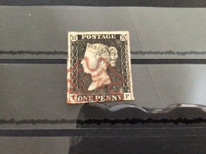 Great Britain 1840 penny black SG2 3 margin red cross used stamp Ref 57379