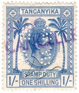 (I.B) KUT Revenue : Tanganyika Stamp Duty 1/- (SBSA perfin)