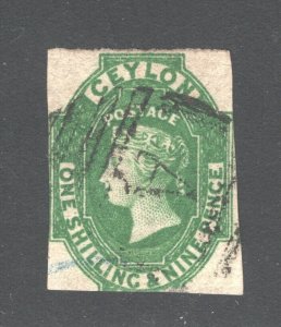 Ceylon #12    VF, Used, Certified, Wmk. 6, 1sh9p green, CV $925.00 ....  1290013