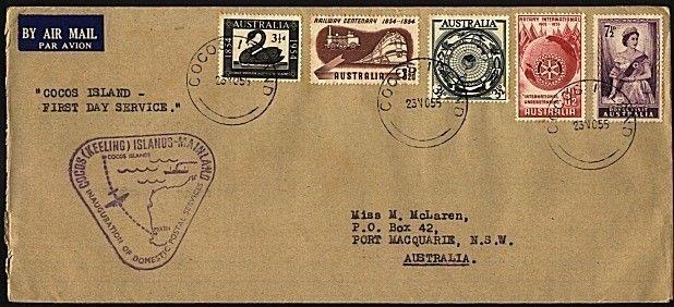 COCOS IS 1955 cover - nice franking Australian stamps......................23516