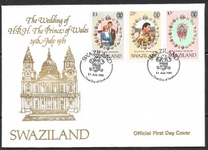 SWAZILAND 1981 Royal Wedding Set Sc 382-384 Cachet FDC
