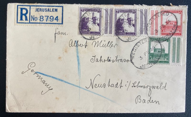 1934 Jerusalem Palestine Registered Cover To Neustadt Germany Stamps W Tabs