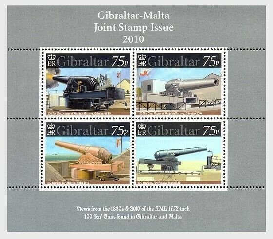 2010 GIBRALTAR -  MS1347- 100 TONS GUNS - UNMOUNTED MINT MINI SHEET JOINT ISSUE