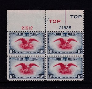 1938 Airmail 6c Sc C23 bi-color eagle and shield MHR plate block Type 2 (23