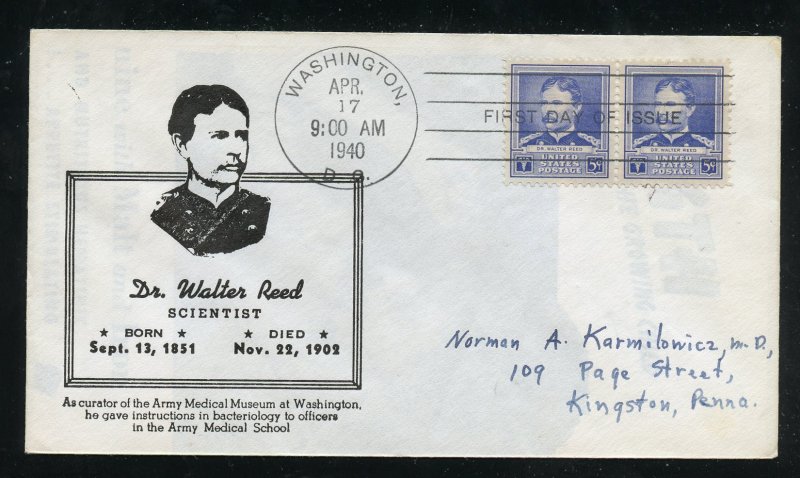 US 877 M=35 Walter Reed Famous American Clarence Reid cachet FDC ADDR 