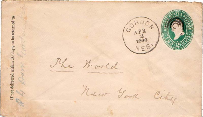 United States Nebraska Gordon 1890 target  Postal Stationery Envelope.