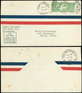 JAN 25, 1927 NY Cds, KLOTZBACH Serviced FF Cover, Night Air-Mail, NYC to DALLAS