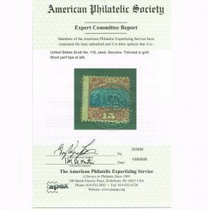 AFFORDABLE GENUINE SCOTT #119 USED 1869 TYPE-II 2020 APS CERT CLEAR G-GRILL