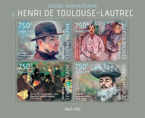 CENTRAFRICAINE 2014 SHEET HENRI TOULOUSE LAUTREC ART PAINTINGS