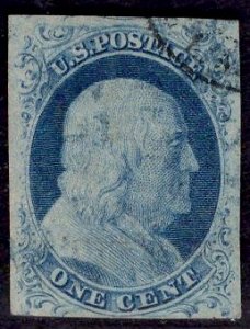US Stamp #9 1c Franklin Imperf USED SCV $90++. Design clear on all sides!!!