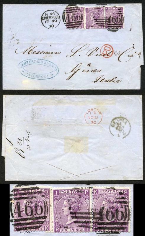 Three 6d mauves plate 9 on cover to Italy