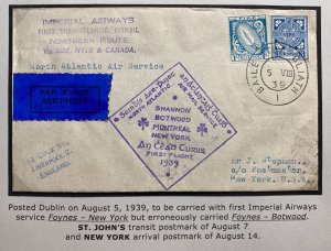 1939 Dublin Ireland First Transatlantic Flight Cover FFC To New York Usa