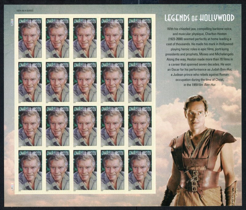 USA #4892 MNH  Charlton Heston  Pane of 20 (FV $9.80/12.60 )