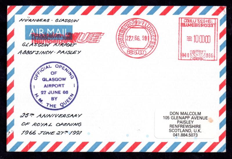 1991 Opening Glasgow Airport Anniv. flown signed cover (double franking) WS10689 