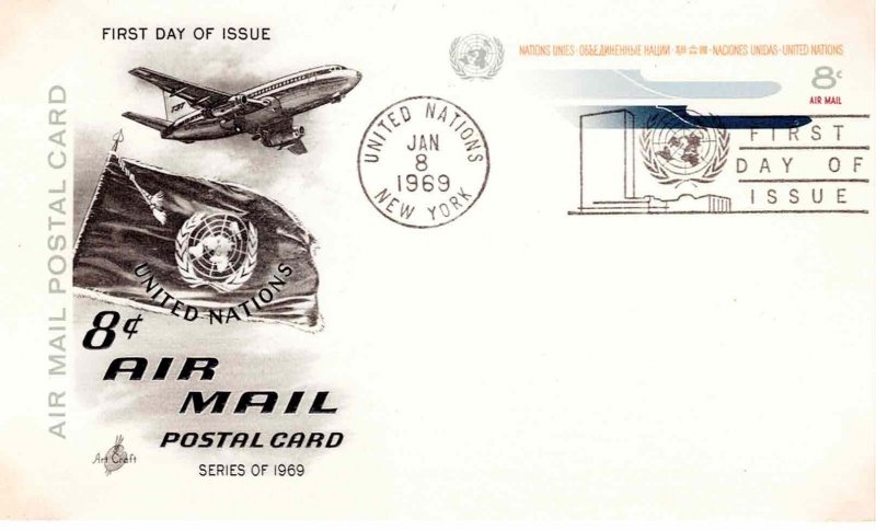 United Nations 1969 FDC Sc UXC7 Artcraft Cachet UN Air Mail Postal Card