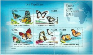 A0421- COMORES, ERROR, MISPERF, Miniature sheet: 2011 Butterflies, Fauna & Flora
