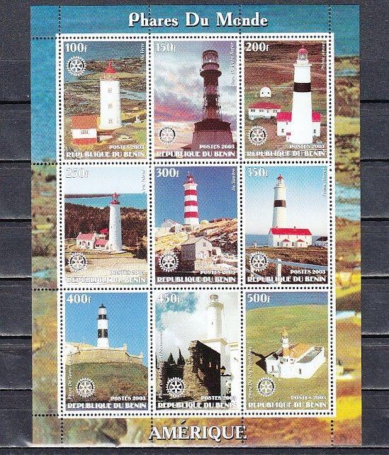 Benin, 2003 Cinderella Édition. Américain Lighthouses sur un Feuille Of 9