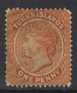 TURKS ISLANDS SG55b 1883 1d ORANGE-BROWN THROAT FLAW USED