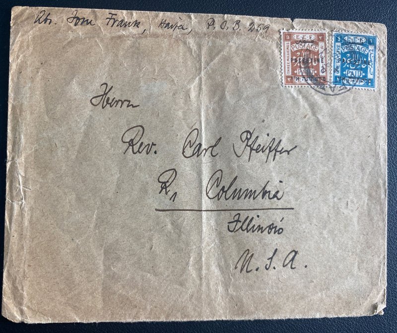 1922 Haifa Palestine Cover To Columbia IL Usa Overprinted stamps