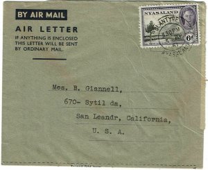 Nyasaland 1951 Blantyre cancel on air letter sheet to the U.S., label reverse