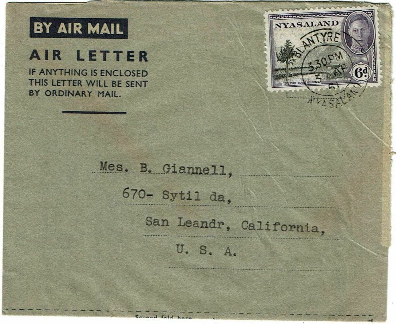 Nyasaland 1951 Blantyre cancel on air letter sheet to the U.S., label reverse