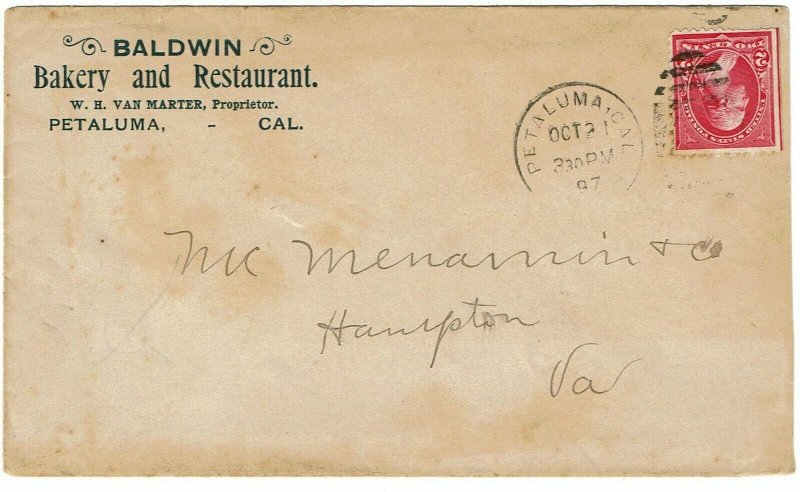 1897 Petaluma, CA duplex cancel on cover for Baldwin Bakery & Restaurant