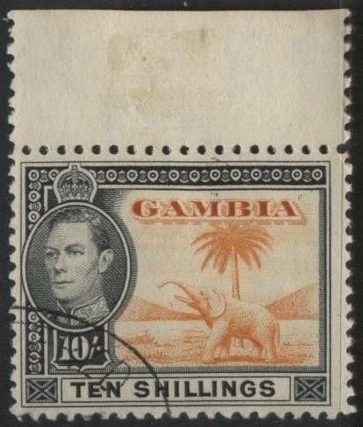 Gambia 143 (used) 10sh George VI, elephant, black & yel org (1938)