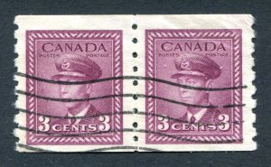 Canada 1942 KGVI. Pair x COIL 3c purple. Imperf x P8. Used. SG392.