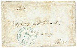 1853 Marysville, CA 10 cancel in blue on cover to Danbury, MA