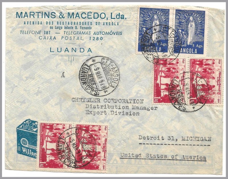 ANGOLA (Portugal) 1949 Air Advertising Cvr to USA - 3a FATIMA PAIR (religion)