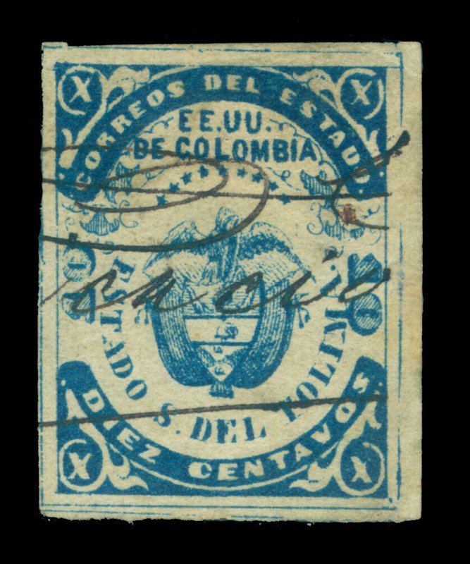 COLOMBIA 1871 TOLIMA - Coat of Arms 10c blue  Scott# 10 used VF