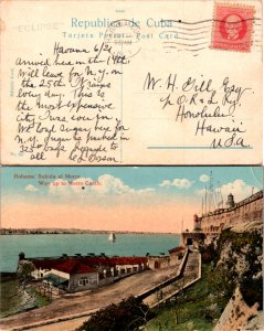 1929 Cuba Picture Postcard to Hawaii + Handstamp (Eclipse) ( Postal History )...