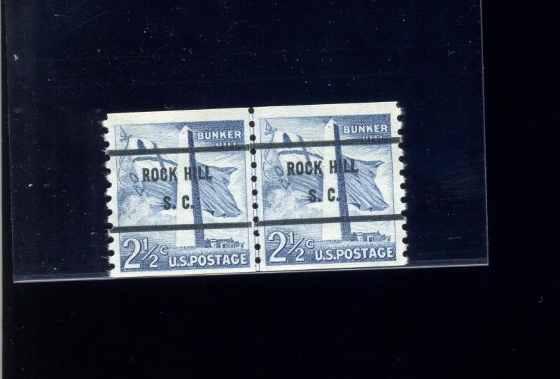 Scott#1056 Bunker Hill Small Holes Coil Line Pair of 2 Stamps ROCK HILL S.C. 